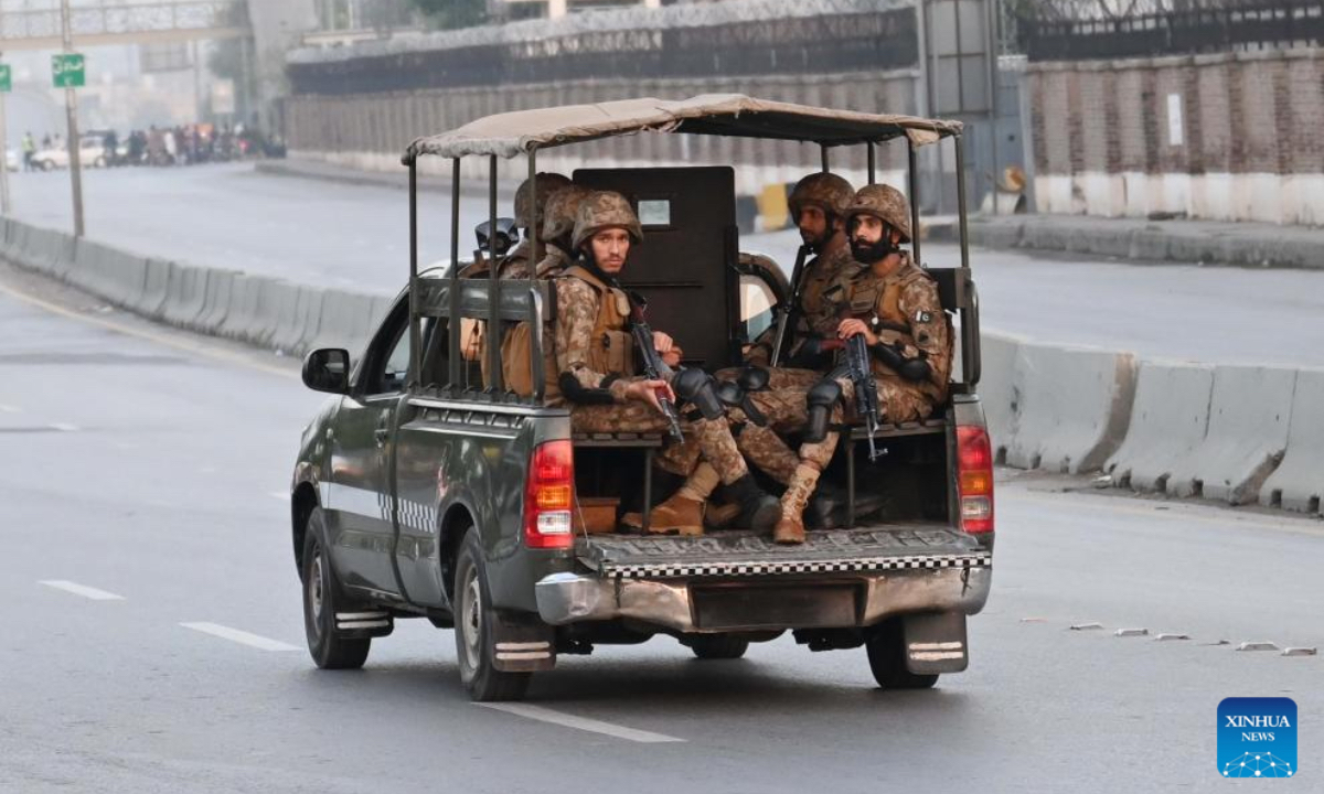 Security personnel patrol on a road leading to Nur Khan Air Base following Indian missile strike in Rawalpindi, Pakistan, May 10, 2025. India launched missile and drone strikes in multiple areas of Pakistan, including three airbases of the Pakistan Air Force (PAF), and also resorted to unprovoked firing along the international border in eastern Punjab province, Pakistani officials and sources confirmed in the wee hours of Saturday. (Xinhua)
