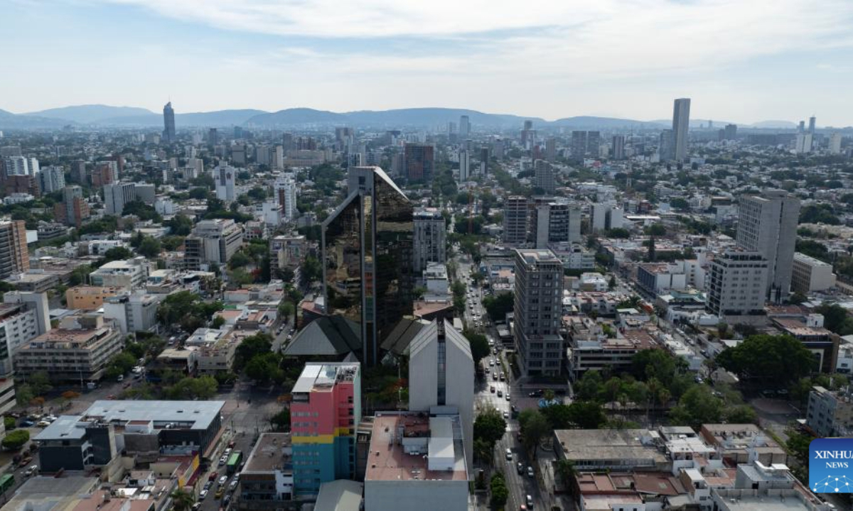 This aerial drone photo taken on May 8, 2025 shows a city view of Guadalajara, Jalisco, Mexico. Guadalajara, Mexico's second-largest city, is a key economic hub and preserves rich cultural heritages. (Xinhua/Li Mengxin)