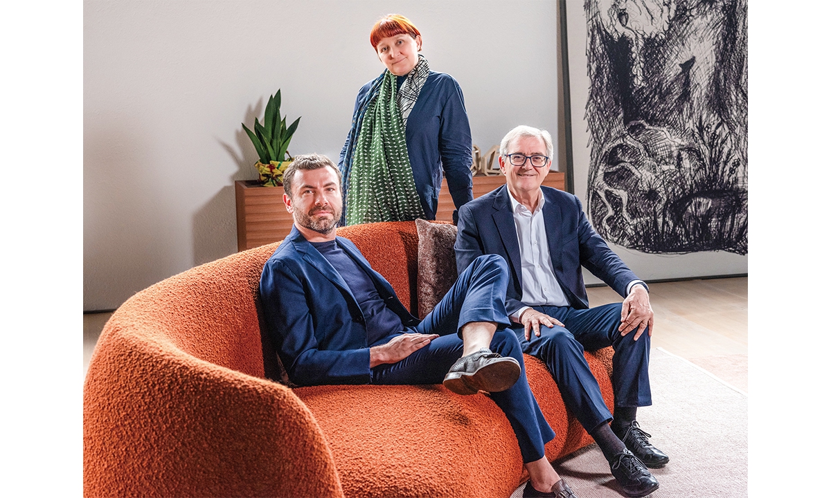 Patrizia Moroso, creative director of Moroso (center), Damir Eskerica (left), CEO of Moroso since 2018 and Roberto Moroso, president of Moroso Photo: Courtesy of Moroso