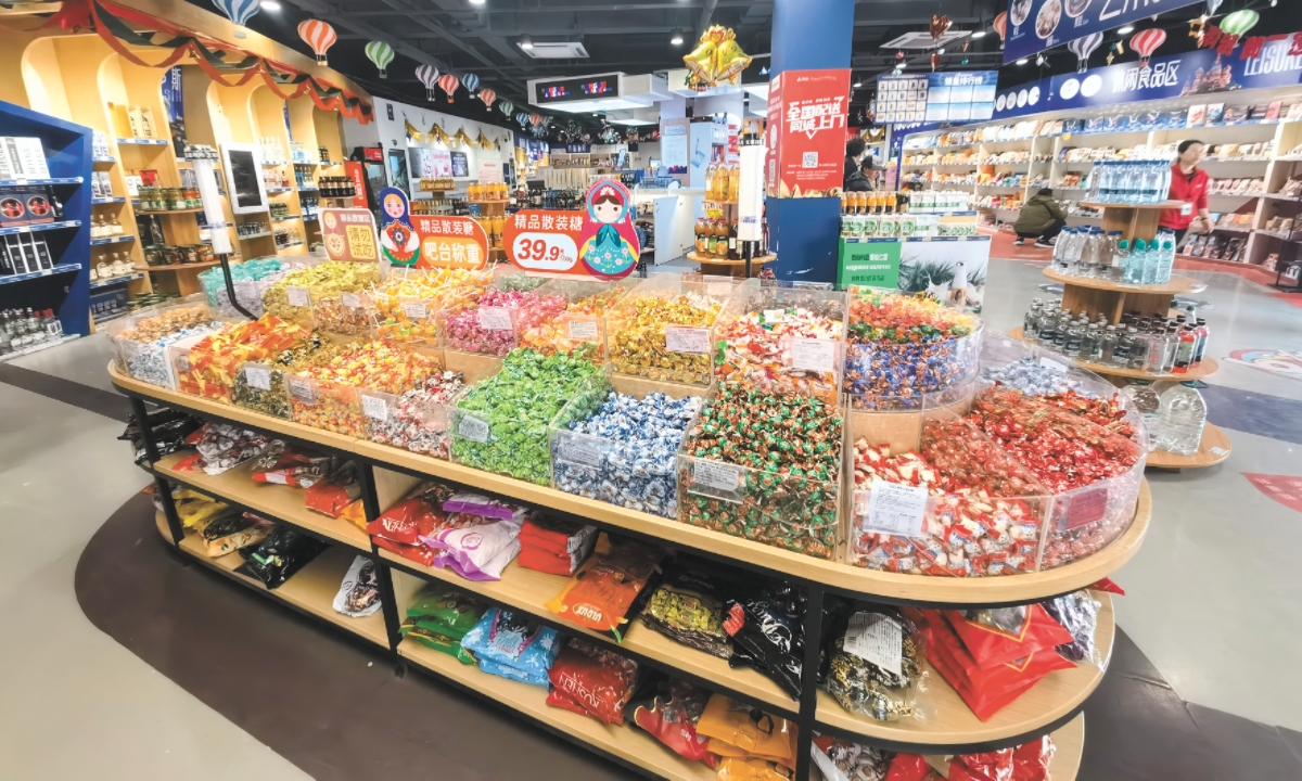 Russian-made goods are displayed at the Russian Premium Supermarket in Beijing on April 8, 2025. Photo: VCG