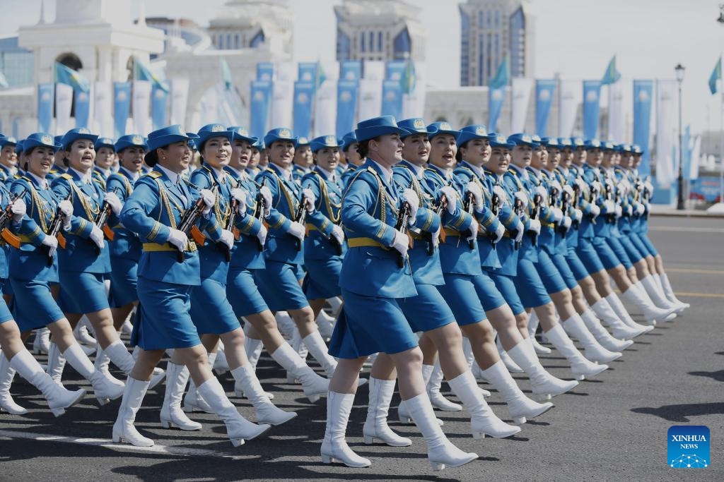 Kazakh troops march during a military parade of the armed forces to mark the 80th Anniversary of the Victory of the World Anti-Fascist War in Astana, Kazakhstan, on May 7, 2025. (Photo: Xinhua)