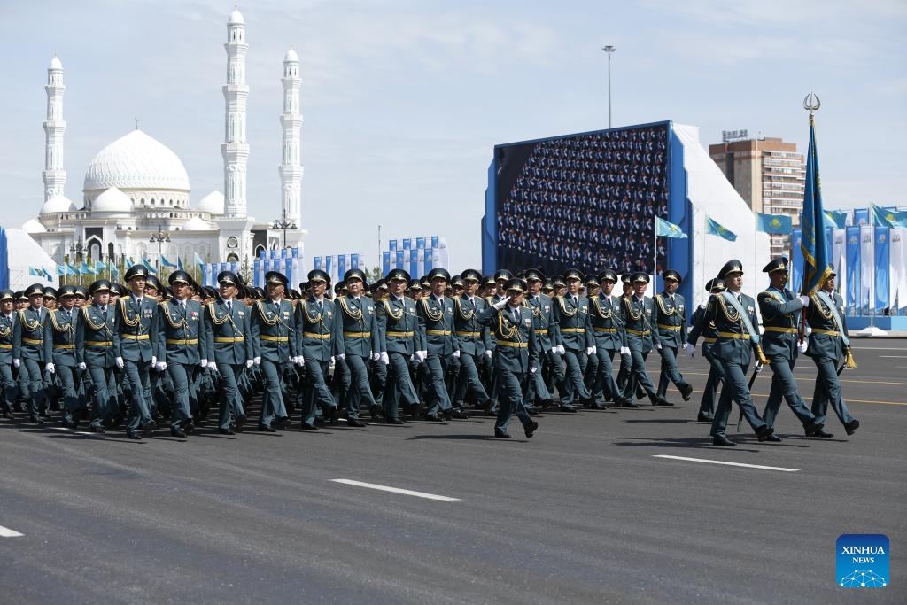 Kazakh troops march during a military parade of the armed forces to mark the 80th Anniversary of the Victory of the World Anti-Fascist War in Astana, Kazakhstan, on May 7, 2025. (Photo: Xinhua)