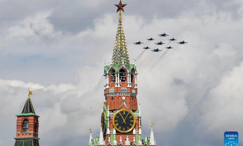 Aircraft fly in formation during a rehearsal for the Victory Day military parade, which marks the 80th anniversary of the Victory in the Soviet Union's Great Patriotic War, in Moscow, Russia, May 7, 2025. (Photo: Xinhua)