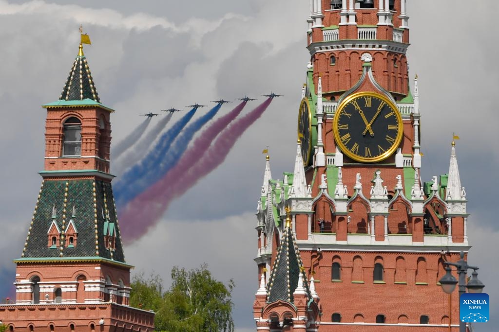 Aircraft fly in formation during a rehearsal for the Victory Day military parade, which marks the 80th anniversary of the Victory in the Soviet Union's Great Patriotic War, in Moscow, Russia, May 7, 2025. (Photo: Xinhua)