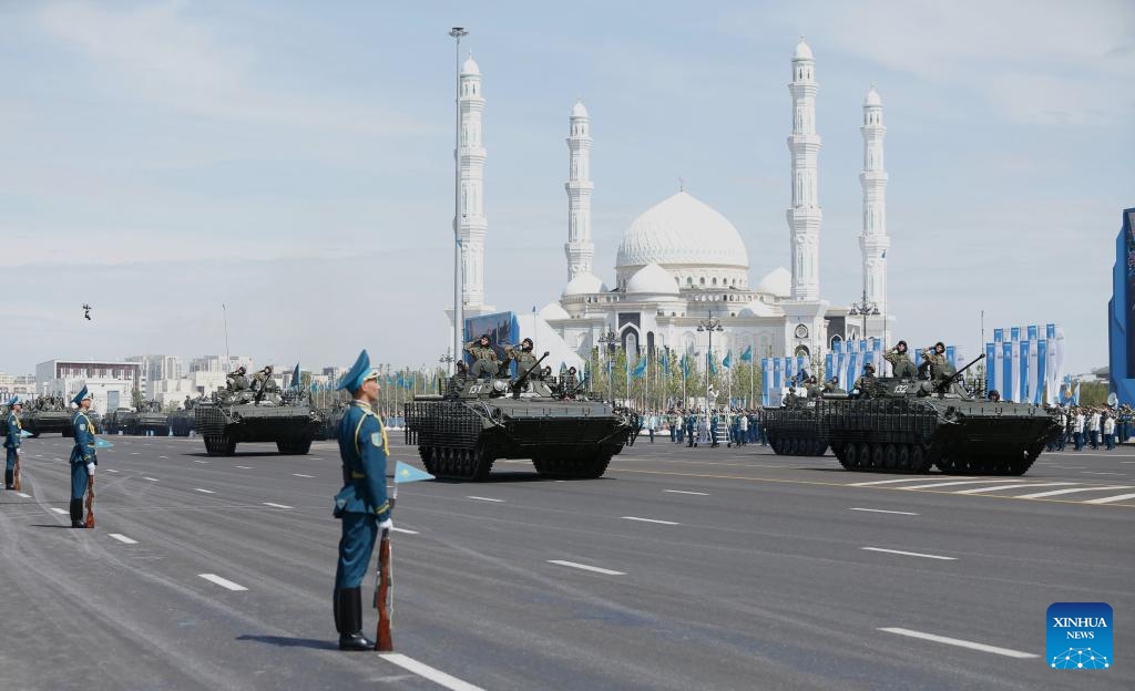 Kazakh military vehicles and weapons are seen during a military parade of the armed forces to mark the 80th Anniversary of the Victory of the World Anti-Fascist War in Astana, Kazakhstan, on May 7, 2025. (Photo: Xinhua)