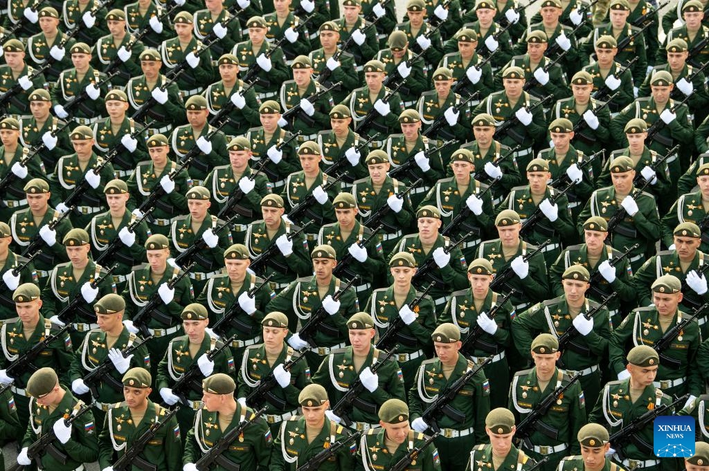 Soldiers prepare to attend a rehearsal for the Victory Day military parade, which marks the 80th anniversary of the Victory in the Soviet Union's Great Patriotic War, in Moscow, Russia, May 7, 2025. (Photo: Xinhua)