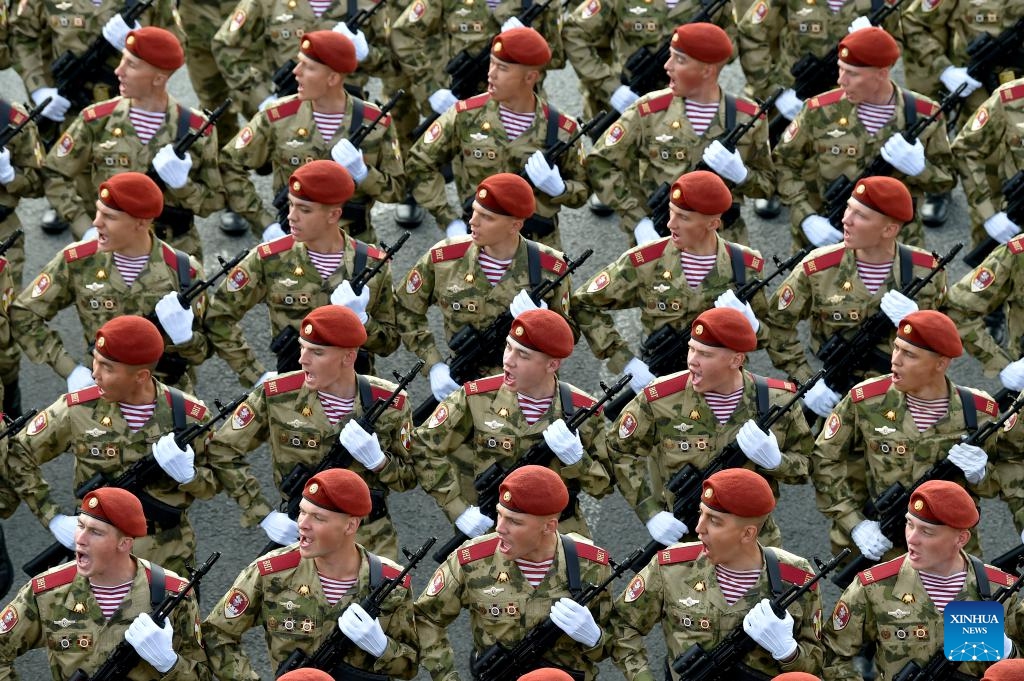 Soldiers prepare to attend a rehearsal for the Victory Day military parade, which marks the 80th anniversary of the Victory in the Soviet Union's Great Patriotic War, in Moscow, Russia, May 7, 2025. (Photo: Xinhua)