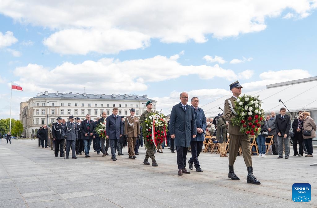 A ceremony commemorating the 80th anniversary of the end of World War II in Europe, known as Victory in Europe Day, is held at the Tomb of the Unknown Soldier in Warsaw, Poland, on May 8, 2025. (Photo: Xinhua)
