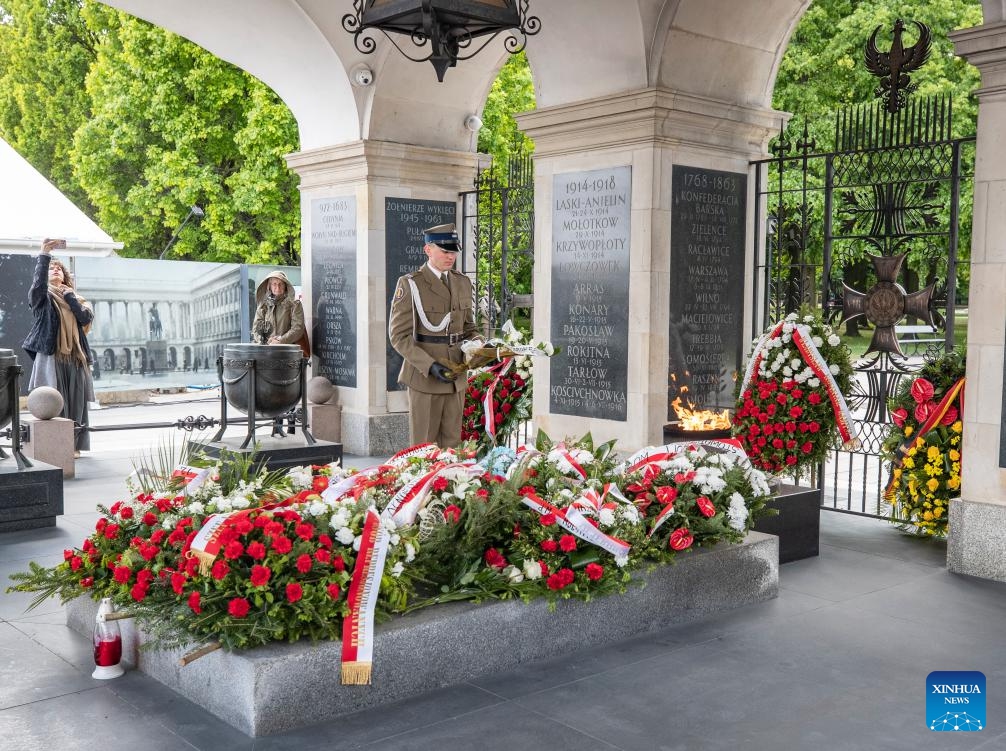A ceremony commemorating the 80th anniversary of the end of World War II in Europe, known as Victory in Europe Day, is held at the Tomb of the Unknown Soldier in Warsaw, Poland, on May 8, 2025. (Photo: Xinhua)