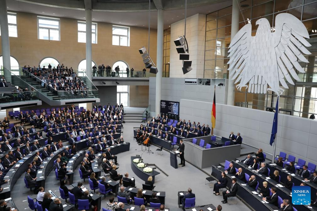 A ceremony commemorating the 80th anniversary of the end of World War II in Europe is held at the German Bundestag in Berlin, Germany, May 8, 2025. With the unconditional surrender of the Wehrmacht, the unified armed forces of Nazi Germany, World War Two ended on May 8 in 1945 (also known as Victory in Europe Day or VE Day). At least 55 million people had died during the war and around six million Jews had fallen victim to the Nazi's Holocaust throughout Europe. (Photo: Xinhua)