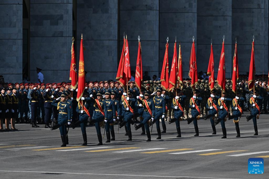 Military personnel march during a military parade marking the 80th anniversary of the victory in the Great Patriotic War, in Bishkek, Kyrgyzstan, May 8, 2025. (Photo: Xinhua)
