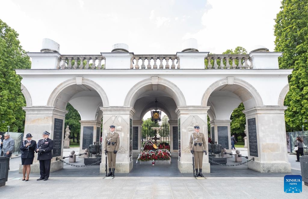 A ceremony commemorating the 80th anniversary of the end of World War II in Europe, known as Victory in Europe Day, is held at the Tomb of the Unknown Soldier in Warsaw, Poland, on May 8, 2025. (Photo: Xinhua)