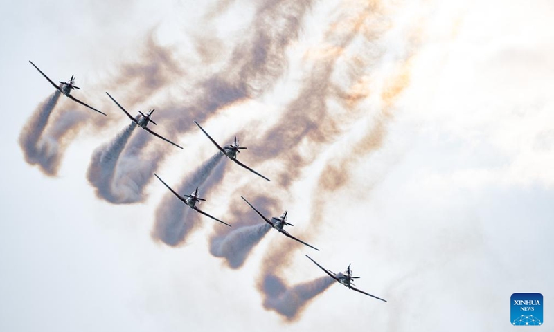 The Croatian Air Force's aerobatic display team, Wings of Storm, performs during the AIRVG 2025 air show in Velika Gorica, Croatia on May 11, 2025. (Davor Puklavec/PIXSELL via Xinhua)