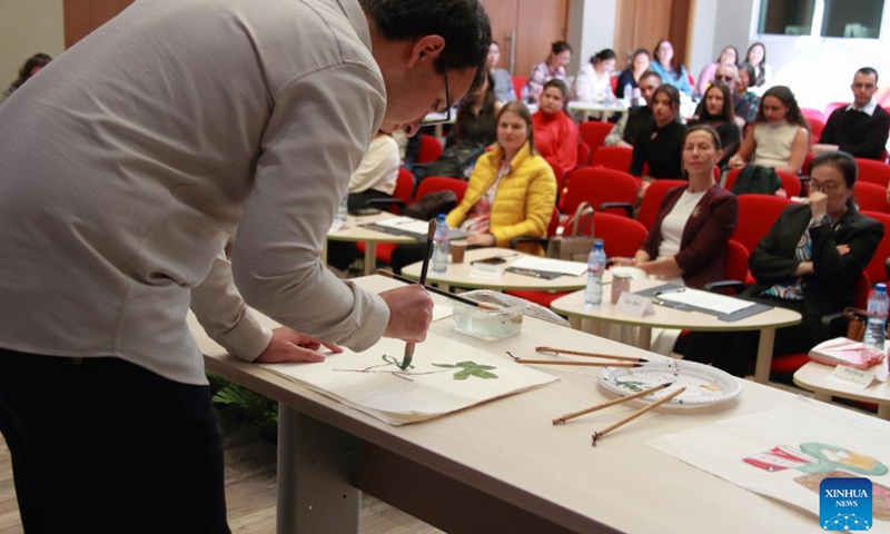 A contestant participates in the national qualification contest of the 24th Chinese Bridge Chinese language proficiency competition for foreign university students in Sofia, Bulgaria, May 11, 2025.