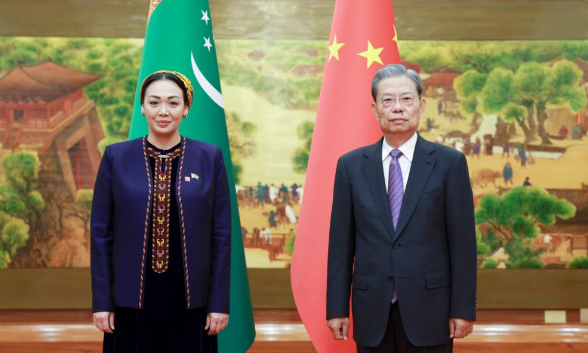 Zhao Leji, chairman of China's National People's Congress Standing Committee, holds talks with Dunyagozel Gulmanova, chairperson of the National Assembly (Mejlis) of Turkmenistan, at the Great Hall of the People in Beijing, capital of China, May 22, 2025. (Xinhua/Ding Haitao)