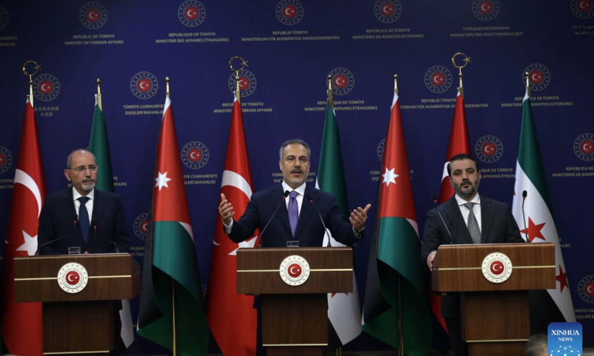 Turkish Foreign Minister Hakan Fidan (C), Jordanian Foreign Minister Ayman Safadi (L) and Syria's foreign affairs chief Asaad al-Shibani attend a joint press conference in Ankara, Türkiye, on May 12, 2025. During a joint press conference on Monday in Ankara with his Syrian and Jordanian counterparts, Fidan noted that discussions are still ongoing regarding the modalities of the peace negotiations between Russia and Ukraine. (Mustafa Kaya/Handout via Xinhua)