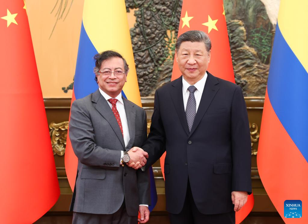 Chinese President Xi Jinping meets with Colombian President Gustavo Petro, who is here for the fourth ministerial meeting of the China-CELAC (the Community of Latin American and Caribbean States) Forum, at the Great Hall of the People in Beijing, capital of China, May 14, 2025. (Xinhua/Huang Jingwen)