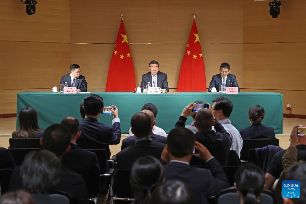 A press briefing is held by the Chinese side following the China-U.S. high-level meeting on economic and trade affairs in Geneva, Switzerland, on May 11, 2025. Chinese Vice Premier He Lifeng, the Chinese lead person for China-U.S. economic and trade affairs, said here on Sunday that the meeting was in-depth, candid and constructive. The senior Chinese official said the two sides have reached a series of major consensuses, adding that China and the United States have also agreed to establish an economic and trade consultation mechanism. (Xinhua/Zhao Dingzhe)