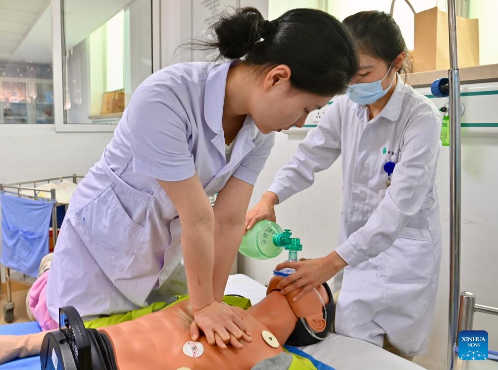 Student nurses practice cardiopulmonary resuscitation at the First Hospital of China Medical University in Shenyang, capital of northeast China's Liaoning Province, May 8, 2025. International Nurses Day, which falls annually on May 12, have recently been observed across China in various forms. (Xinhua/Wu Qinghao)
