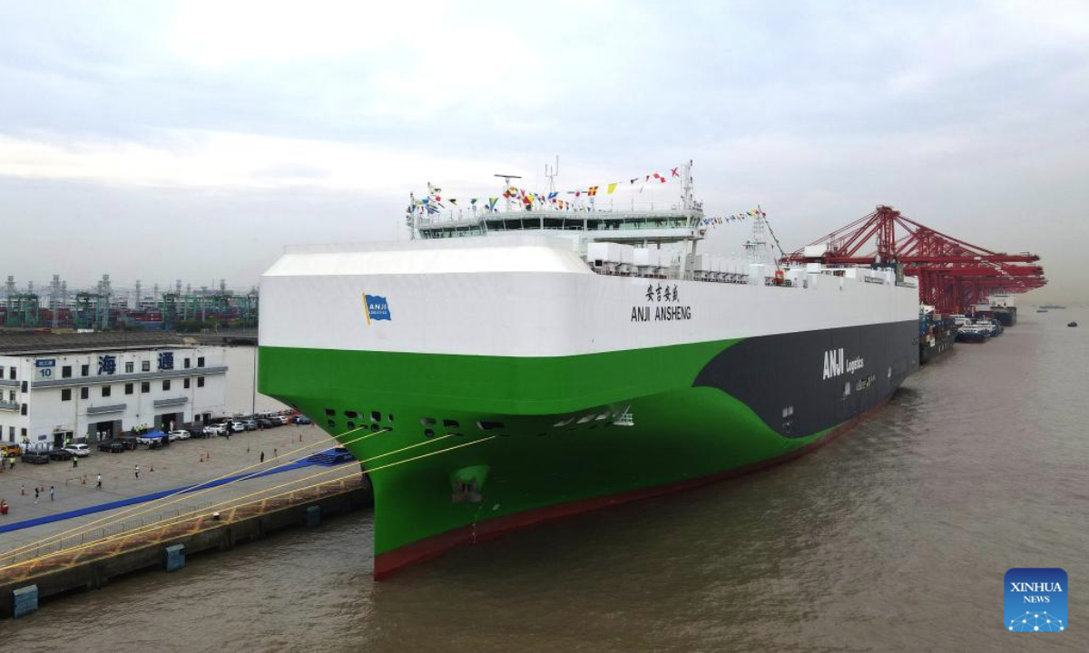 An aerial drone photo taken on May 15, 2025 shows the car carrier Anji Ansheng at Shanghai Haitong International Automotive Terminal in east China's Shanghai. (Xinhua/Fang Zhe)