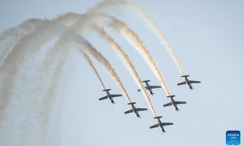 The Croatian Air Force's aerobatic display team, Wings of Storm, performs during the AIRVG 2025 air show in Velika Gorica, Croatia on May 11, 2025. (Davor Puklavec/PIXSELL via Xinhua)