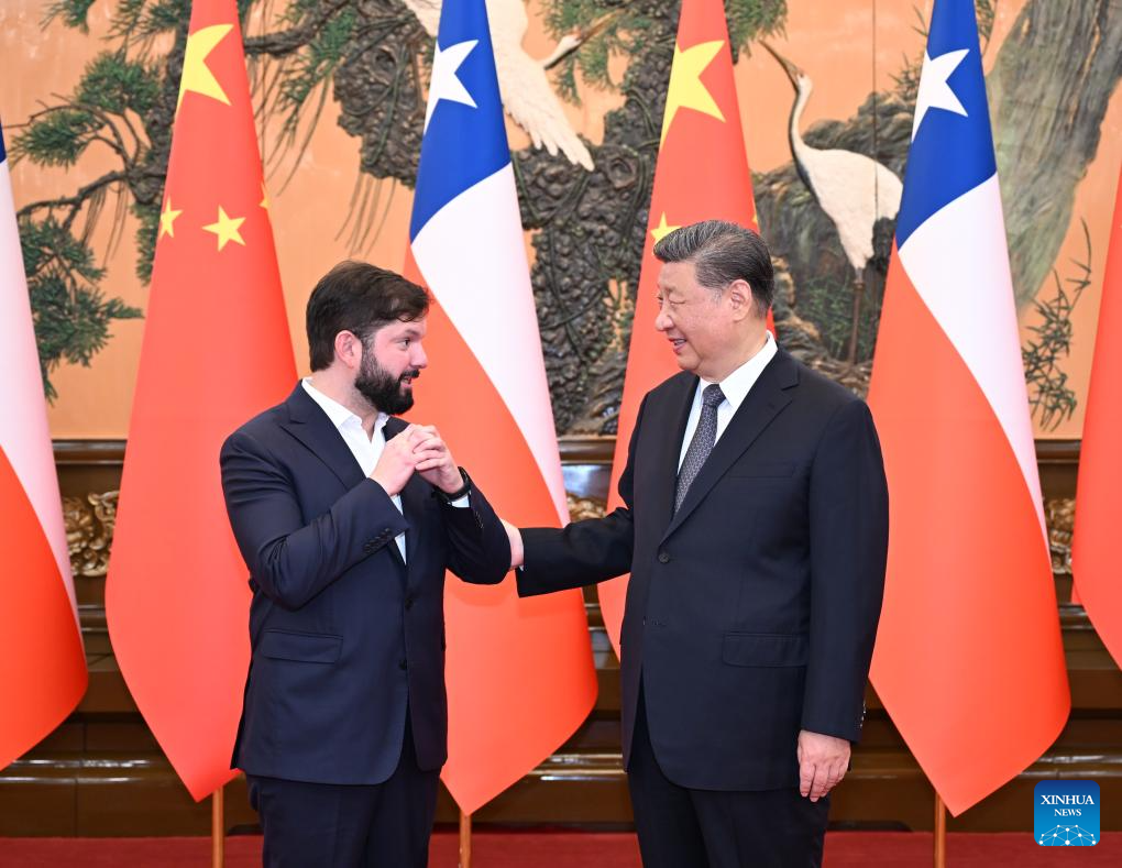 Chinese President Xi Jinping meets with Chilean President Gabriel Boric, who is here for the fourth ministerial meeting of the China-CELAC (the Community of Latin American and Caribbean States) Forum, at the Great Hall of the People in Beijing, capital of China, May 14, 2025. (Xinhua/Li Xiang)
