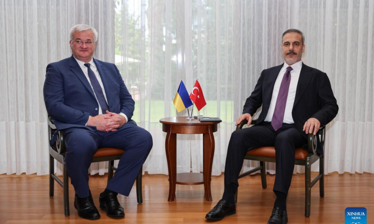 Turkish Foreign Minister Hakan Fidan (R) meets with Ukrainian Foreign Minister Andrii Sybiha in Antalya, Türkiye, on May 14, 2025. Turkish Foreign Minister Hakan Fidan met with his Ukrainian counterpart Andrii Sybiha on Wednesday in Antalya before the upcoming Russia-Ukraine peace talks scheduled in Istanbul. (Mustafa Kaya/Handout via Xinhua)