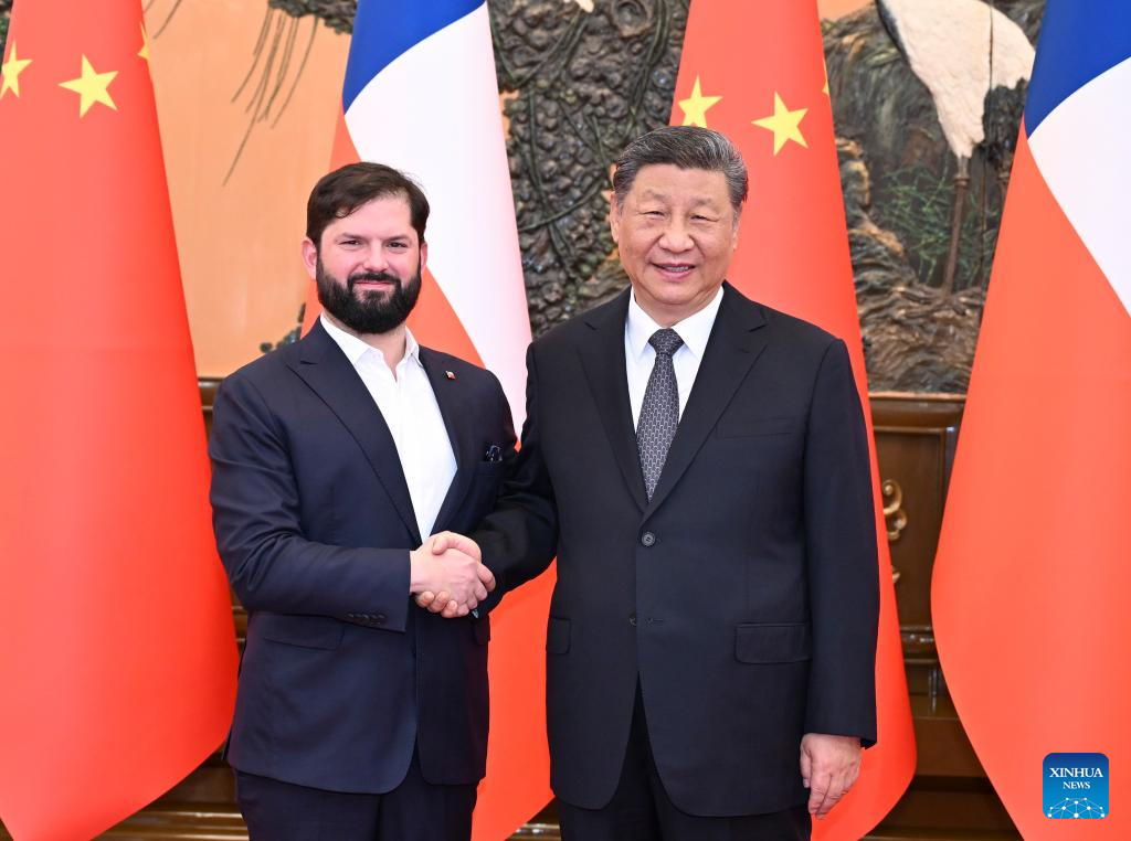 Chinese President Xi Jinping meets with Chilean President Gabriel Boric, who is here for the fourth ministerial meeting of the China-CELAC (the Community of Latin American and Caribbean States) Forum, at the Great Hall of the People in Beijing, capital of China, May 14, 2025. (Xinhua/Li Xiang)