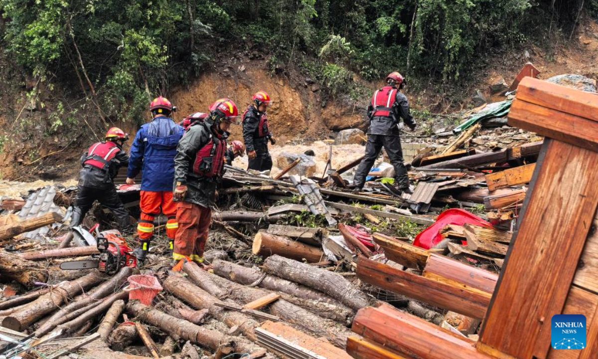 Rescuers work at the site of a mudslide in Longsheng County, Guilin City of south China's Guangxi Zhuang Autonomous Region, on May 23, 2025. A mountain torrent and mudslide struck a village here early Friday morning. Eight people were suspected to be missing, according to preliminary assessment by local authorities.Ten houses sustained damage. Rescue efforts are underway. (Photo by Wei Jiyang/Xinhua)