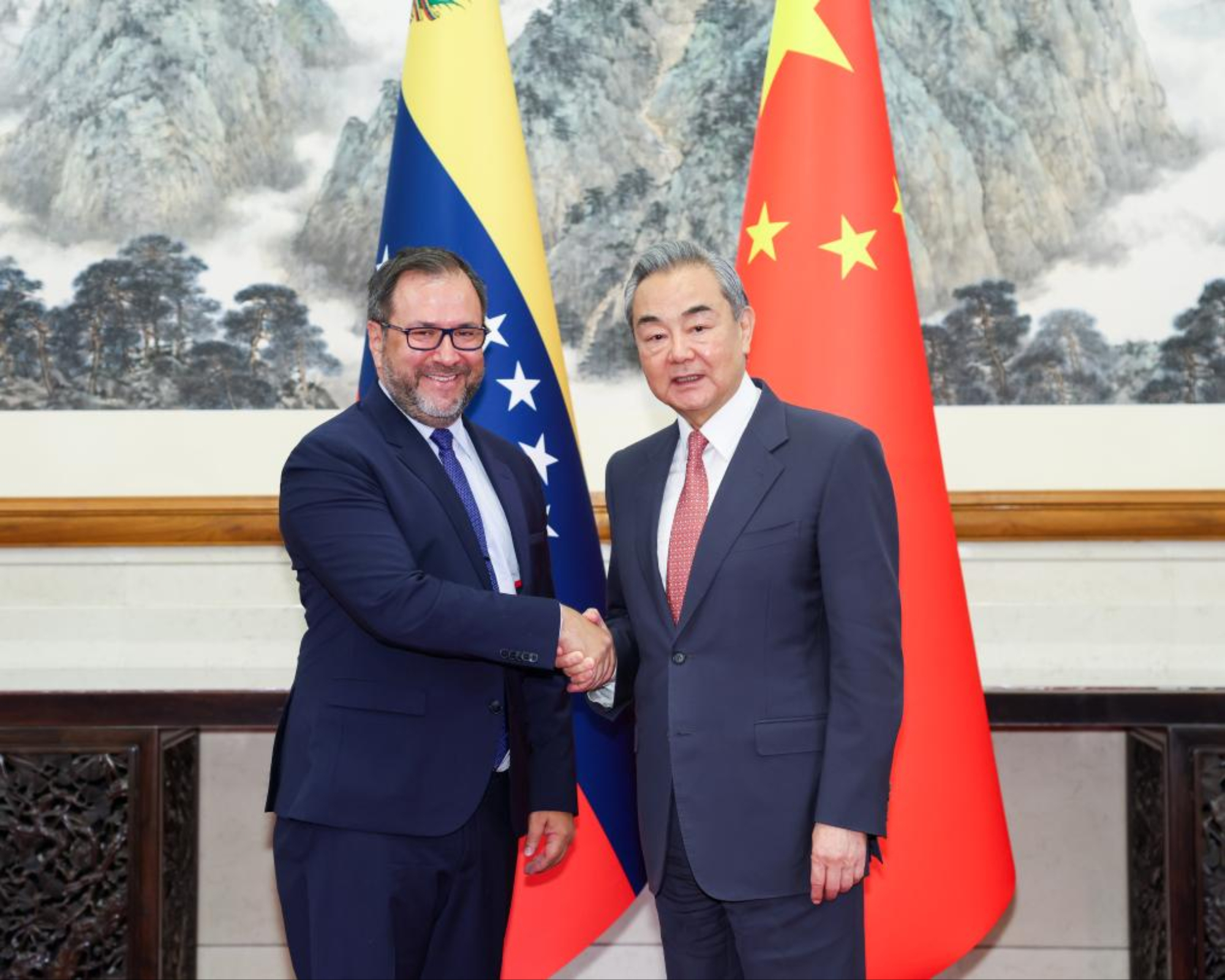 Chinese Foreign Minister Wang Yi, also a member of the Political Bureau of the Communist Party of China Central Committee, meets with Venezuelan Foreign Minister Yvan Gil in Beijing, capital of China, May 12, 2025. (Xinhua/Liu Bin)
