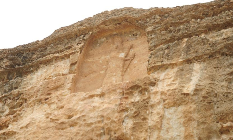 This photo taken on May 12, 2025 shows an Assyrian relief in the Khinis Valley, northern Iraq. (Xinhua/Duan Minfu)