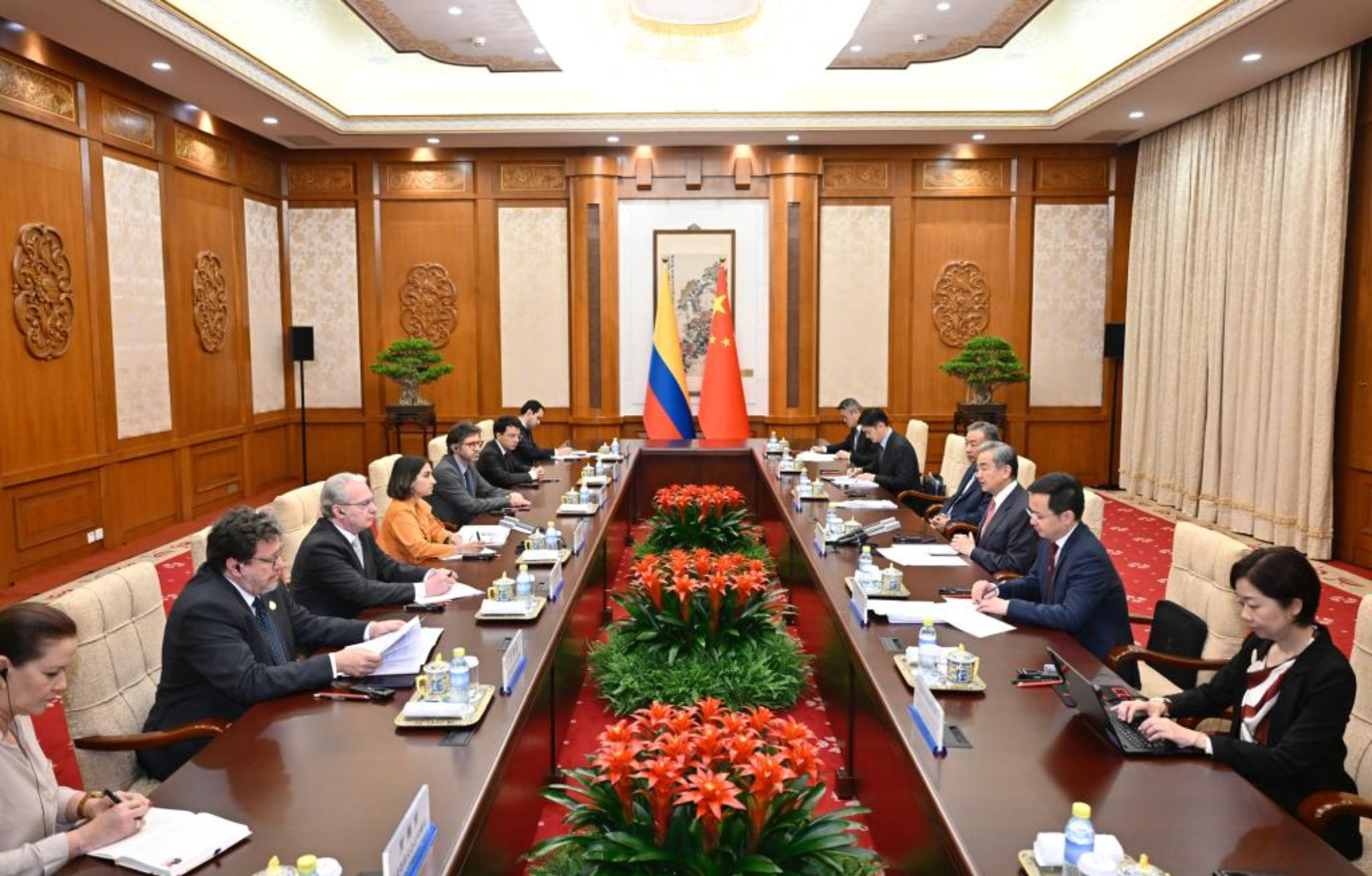 Chinese Foreign Minister Wang Yi, also a member of the Political Bureau of the Communist Party of China Central Committee, meets with Colombian Minister of Foreign Affairs Laura Sarabia in Beijing, capital of China, May 12, 2025. (Xinhua/Yue Yuewei)