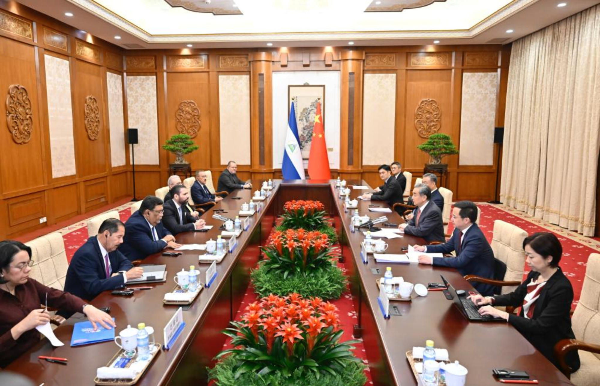 Chinese Foreign Minister Wang Yi, also a member of the Political Bureau of the Communist Party of China Central Committee, meets with Laureano Ortega Murillo, presidential adviser of Nicaragua, and Valdrack Ludwing Jaentschke Whitaker, minister for foreign affairs of Nicaragua, in Beijing, capital of China, May 12, 2025. (Xinhua/Yue Yuewei)