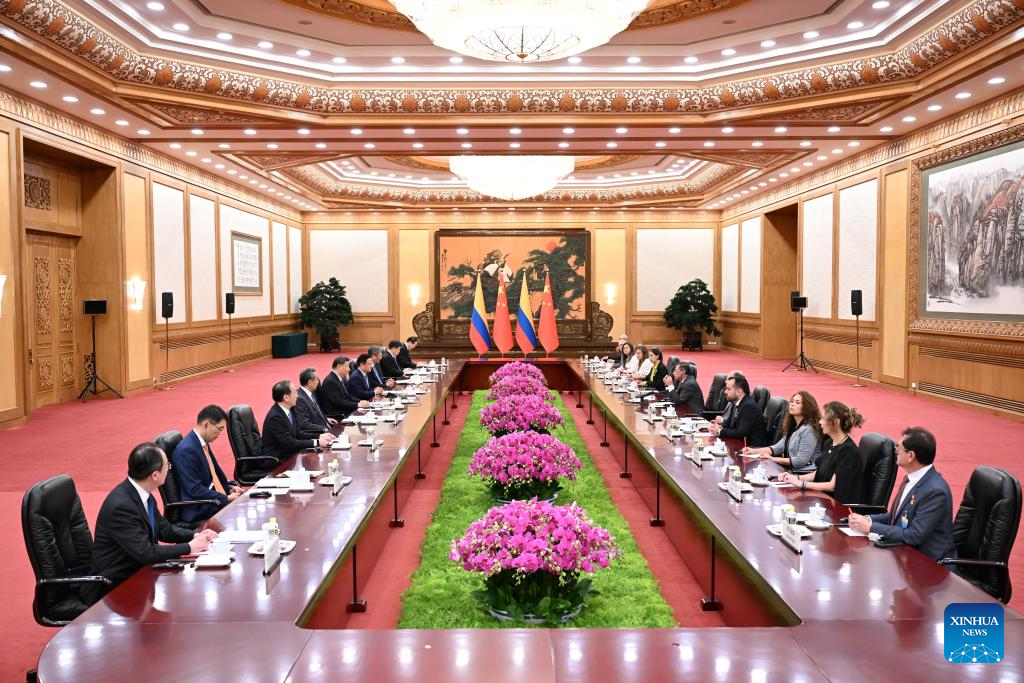 Chinese President Xi Jinping meets with Colombian President Gustavo Petro, who is here for the fourth ministerial meeting of the China-CELAC (the Community of Latin American and Caribbean States) Forum, at the Great Hall of the People in Beijing, capital of China, May 14, 2025. (Xinhua/Li Xiang)