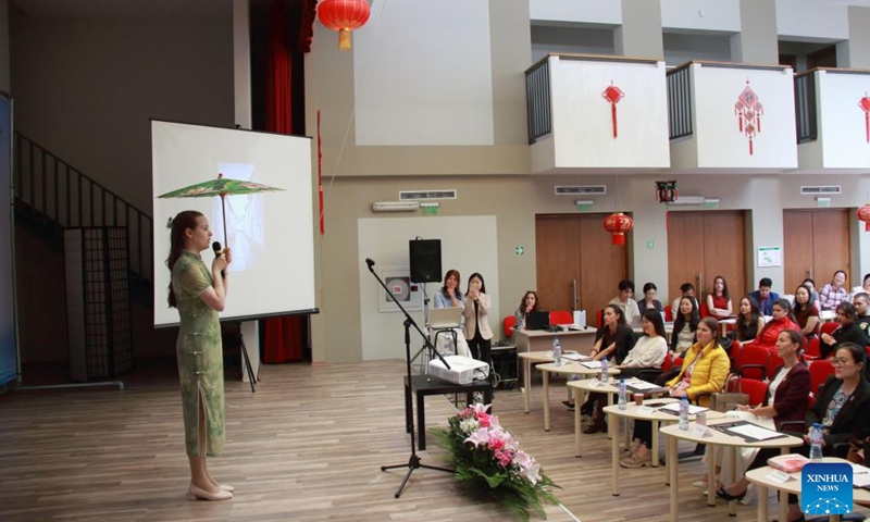 A contestant participates in the national qualification contest of the 24th Chinese Bridge Chinese language proficiency competition for foreign university students in Sofia, Bulgaria, May 11, 2025.