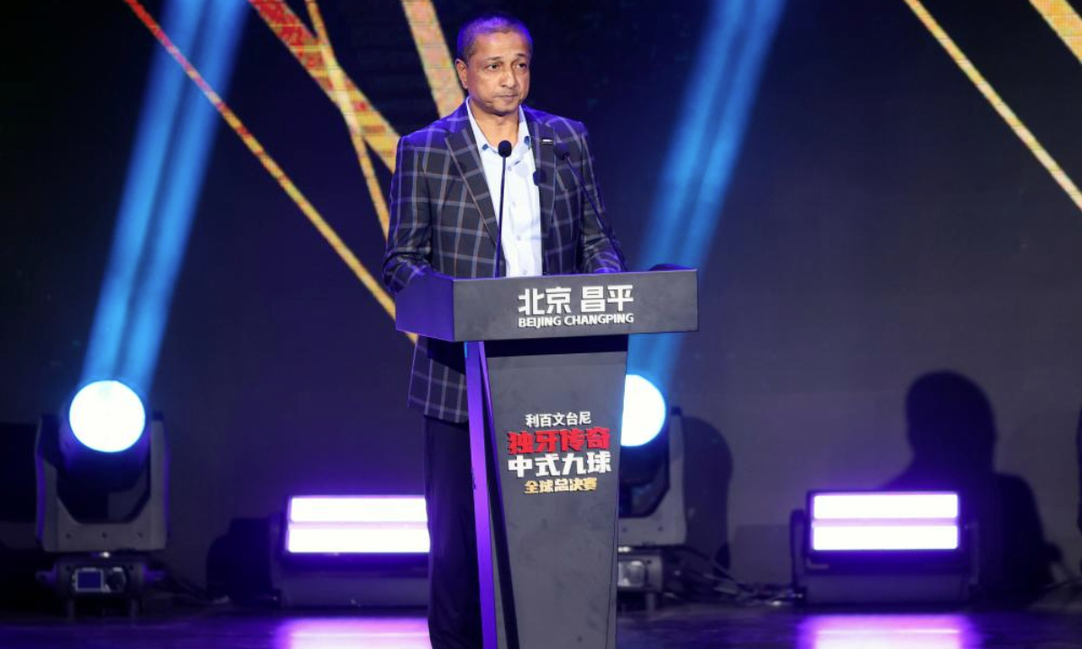 Ishuan Singh, president of World Pool-Billiards Association, delivers a speech during the opening ceremony of the Beijing Changping 2024-2025 Liber Win Billiard Cloth Duya Legends Tour Golden Nine Global Finals in Beijing, capital of China, May 22, 2025. (Xinhua/Luo Yuan)