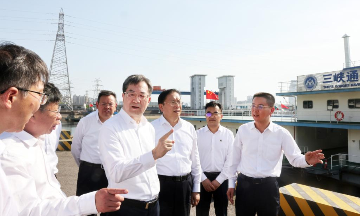 Chinese Vice Premier Ding Xuexiang, also a member of the Standing Committee of the Political Bureau of the Communist Party of China Central Committee, inspects the Gezhouba Dam in Yichang, central China's Hubei Province, May 12, 2025. Ding made an inspection tour in central China's Hubei Province which began on Monday and ended on Wednesday. (Xinhua/Liu Weibing)

