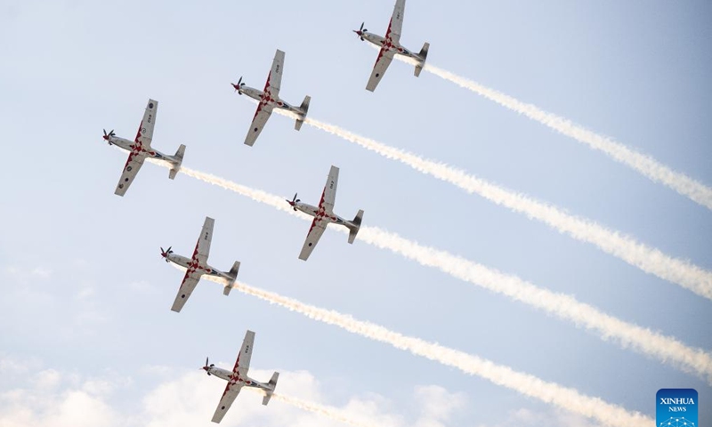 The Croatian Air Force's aerobatic display team, Wings of Storm, performs during the AIRVG 2025 air show in Velika Gorica, Croatia on May 11, 2025. (Davor Puklavec/PIXSELL via Xinhua)