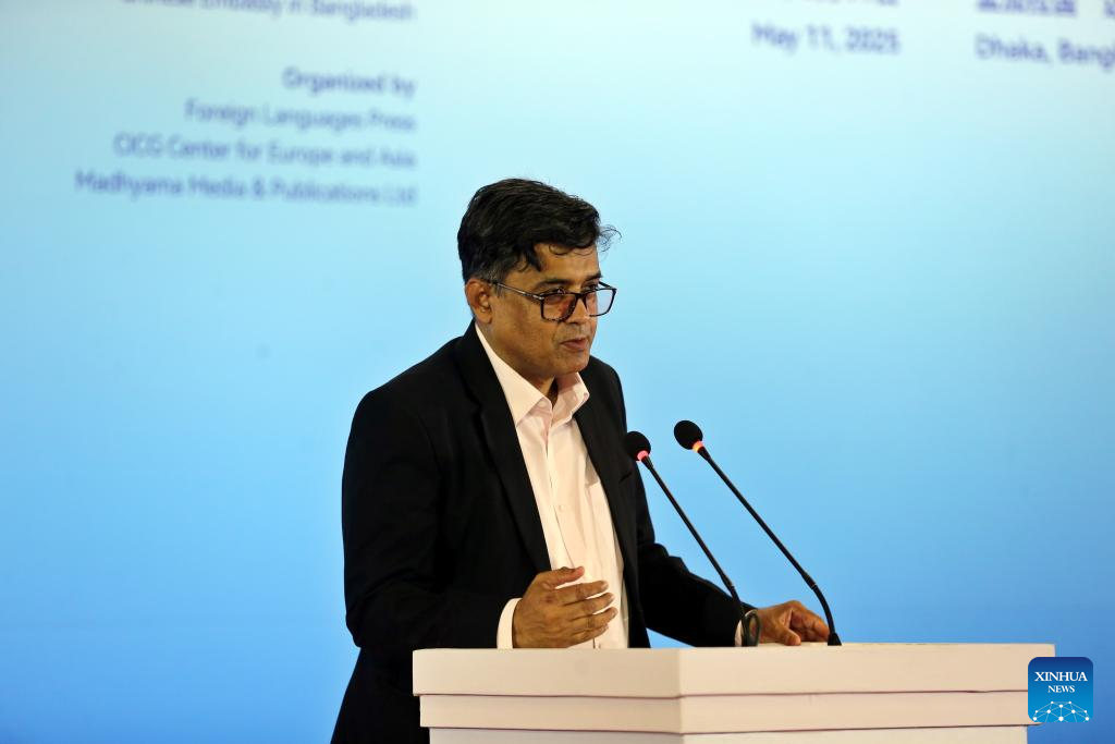 Shafiqul Alam, press secretary to the chief adviser of the interim government of Bangladesh, delivers a speech during the China-Bangladesh Readers Forum on Xi Jinping: The Governance of China in Dhaka, Bangladesh, May 11, 2025. The forum was held recently here with more than 350 attendees from the political, academic, business and media circles of both China and Bangladesh. (Photo by Habibur Rahman/Xinhua)