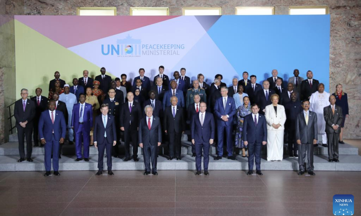 Representatives attending the UN Peacekeeping Ministerial 2025 pose for a group photo in Berlin, Germany, May 13, 2025. (Xinhua/Du Zheyu)