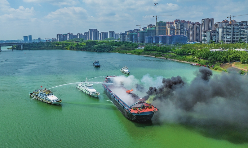Rescue vessels conduct a fire-fighting drill on the Yongjiang River in Nanning, South China's Guangxi Zhuang Autonomous Region, on May 13, 2025. Photo: VCG
