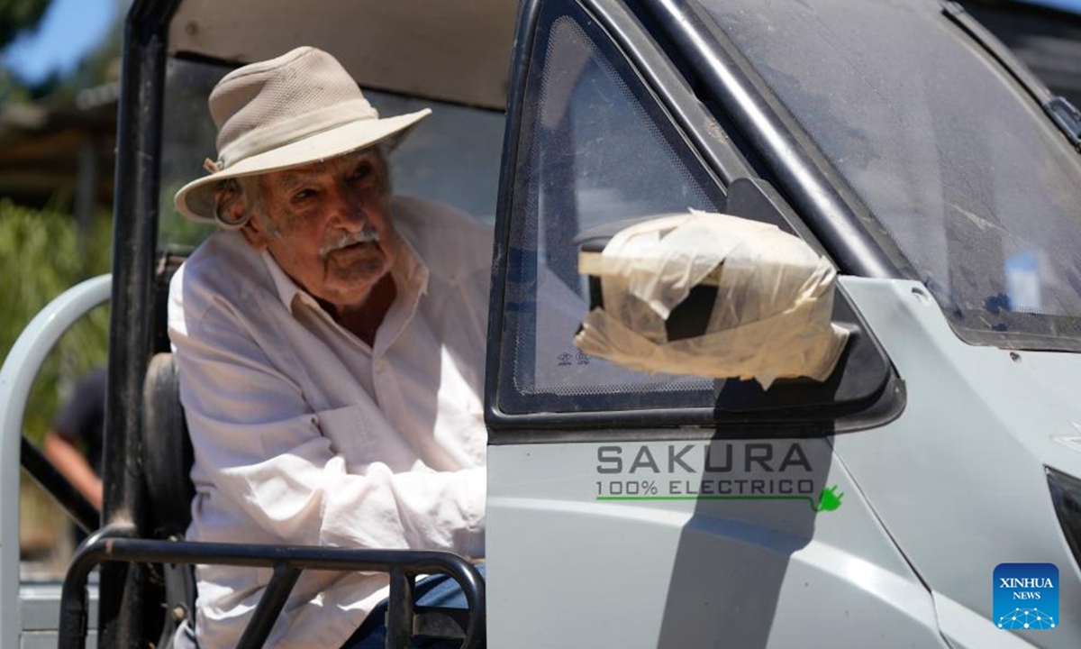 File photo taken on Feb. 3, 2025 shows Jose Mujica driving an electric vehicle at his farm in Montevideo, Uruguay. Former Uruguayan President Jose Pepe Mujica died on May 13, at the age of 89 in Montevideo, President Yamandu Orsi confirmed. (Photo by Nicolas Celaya/Xinhua)