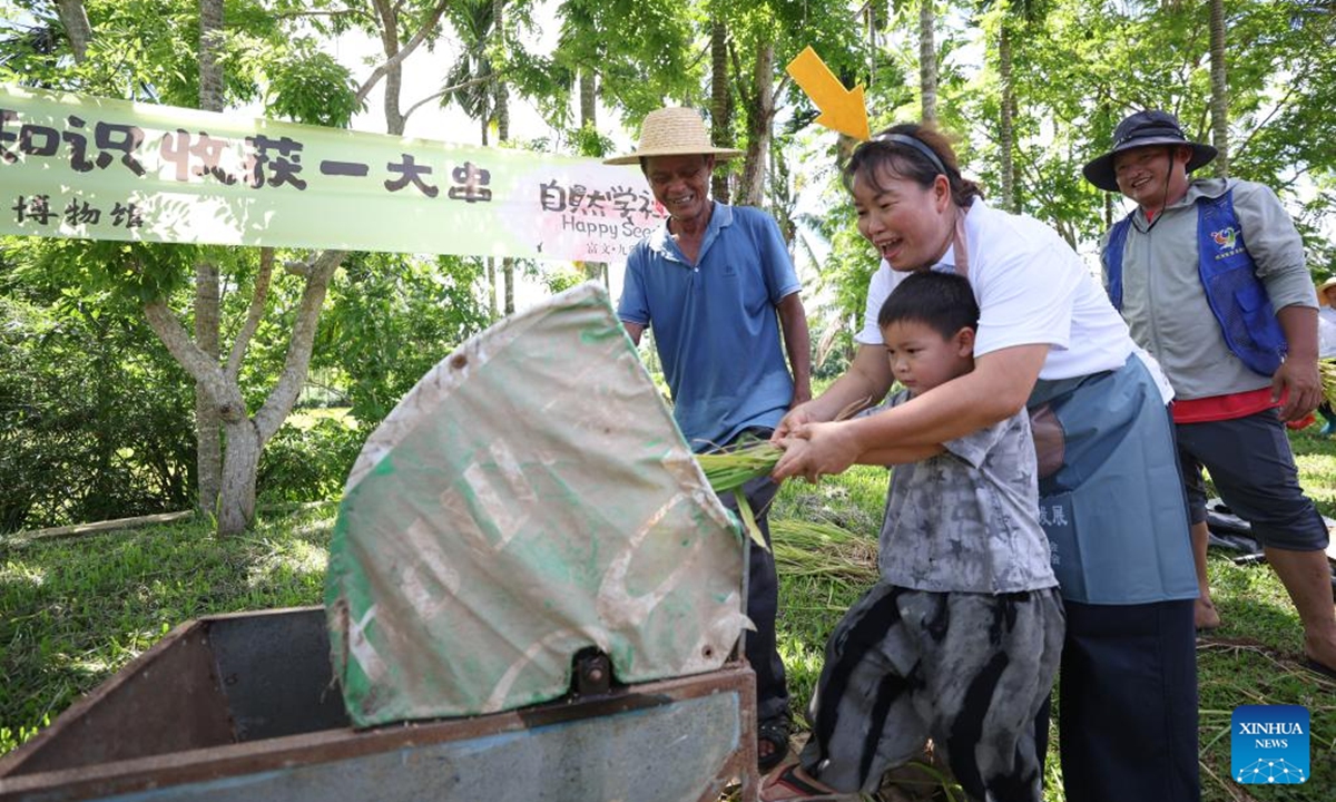 A boy experiences rice harvesting outside the Jiusuo seed museum in Jiusuo Village, Fuwen Township of Ding'an County, south China's Hainan Province, May 17, 2025. Located in Jiusuo Village, Jiusuo seed museum, home to a collection of more than 800 kinds of seeds and specimens, serves as a vivid learning platform for the public through displays, graphic explanation and interactive experiences. (Xinhua/Zhang Liyun)