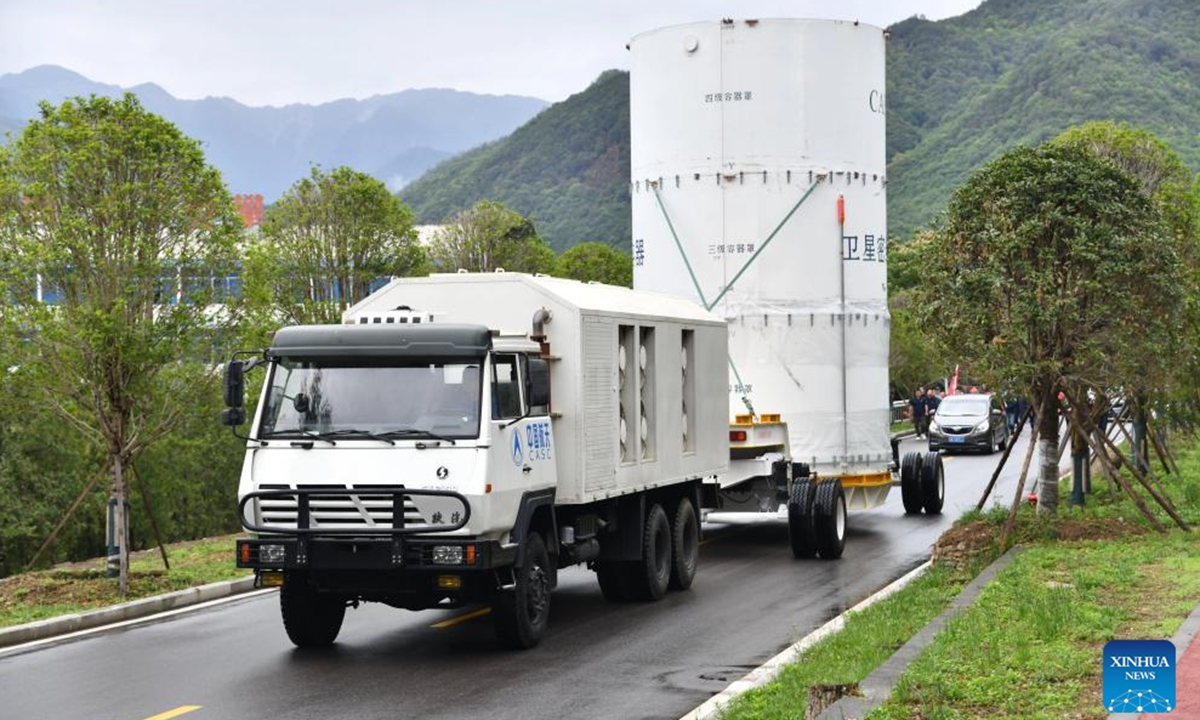 China's Tianwen-2 probe is transported to its launch area, after completing its scheduled assembly, testing and fueling at the technical area of the Xichang Satellite Launch Center in southwest China's Sichuan Province, May 18, 2025. The probe is scheduled for launch at the end of May, according to the China National Space Administration (CNSA) on Sunday. It will subsequently conduct functional checks and joint tests.  (Photo by Shi Yichen/Xinhua)