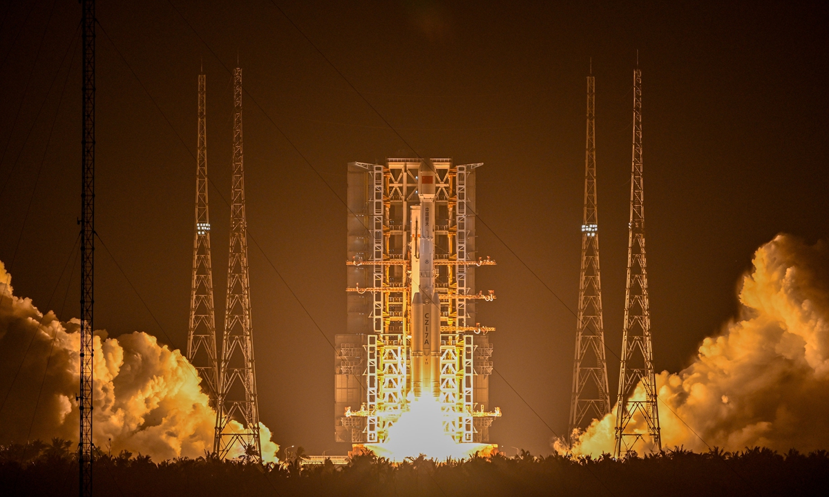 The Long March-7 carrier rocket carrying the Zhongxing-3B satellite blasts off from the Wenchang Space Launch Site in Hainan Province on June 29, 2025. The satellite entered the preset orbit successfully. The satellite will provide voice, data, radio and television transmission services. Photo: VCG