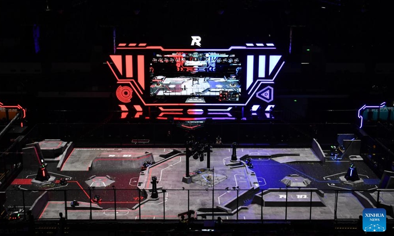 Robots compete during the RoboMaster 2025 University Championship Regional Competition in Changsha, central China's Hunan Province, May 21, 2025. The five-day regional competition kicked off here on Wednesday, attracting teams from 32 universities of China. (Xinhua/Chen Zhenhai)