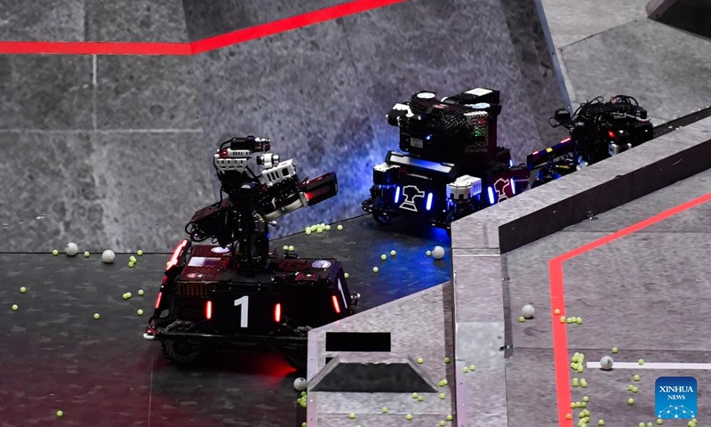 Robots compete during the RoboMaster 2025 University Championship Regional Competition in Changsha, central China's Hunan Province, May 21, 2025. The five-day regional competition kicked off here on Wednesday, attracting teams from 32 universities of China. (Xinhua/Chen Zhenhai)