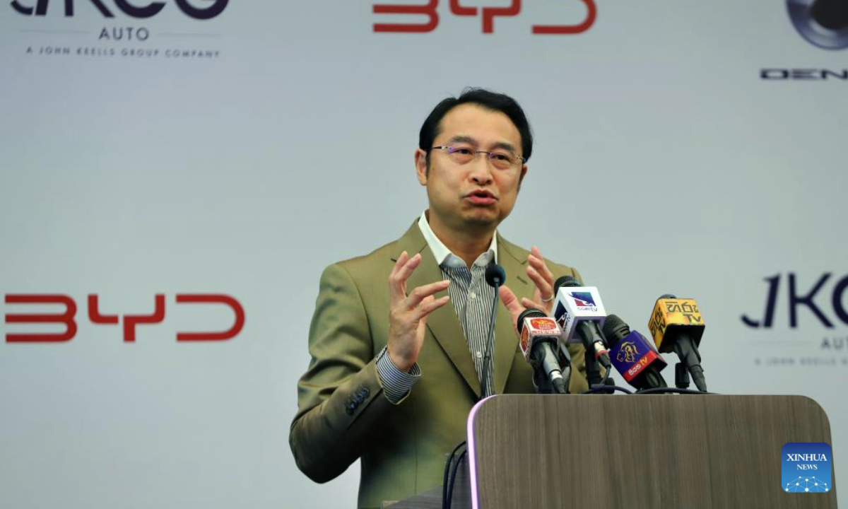 Liu Xueliang, general manager of BYD Asia-Pacific Auto Sales Division, speaks at a press conference on introducing BYD's premium luxury brand DENZA into the local market in Colombo, Sri Lanka, on May 27, 2025. BYD, a Chinese new energy vehicle (NEV) maker, is expanding its footprint in Sri Lanka with plans to introduce DENZA, its premium luxury brand, through local distributor John Keells CG Auto. (Photo by Ajith Perera/Xinhua)