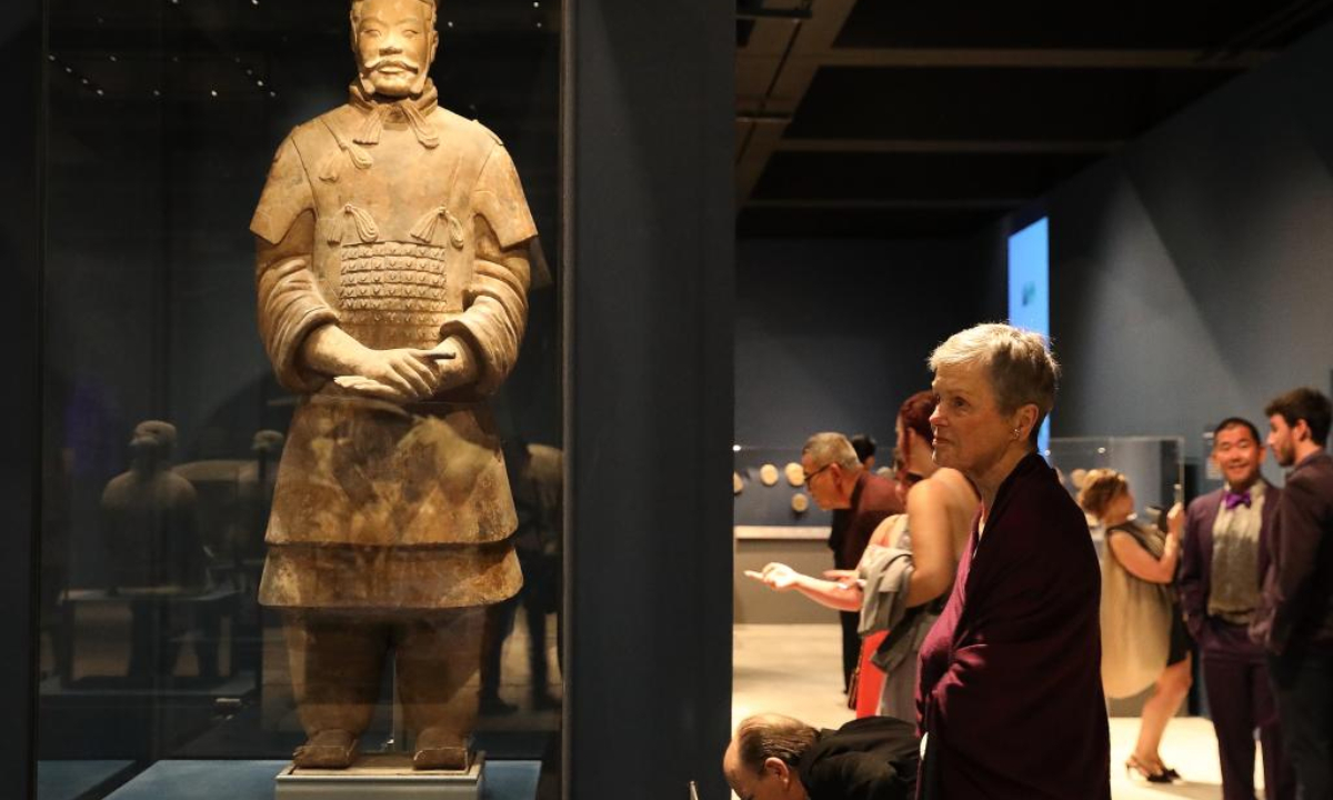 People visit the exhibition World of the Terracotta Warriors: New Archaeological Discoveries in Shaanxi in the 21st Century at the Bowers Museum in Orange County, California, the United States, May 22, 2025. (Photo by Qiu Chen/Xinhua)