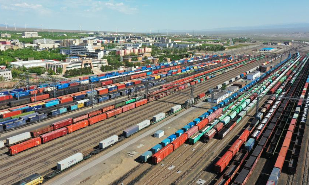 An aerial photo taken on May 17, 2024 shows a view of the Alashankou Port in northwest China's Xinjiang Uygur Autonomous Region. (Xinhua)